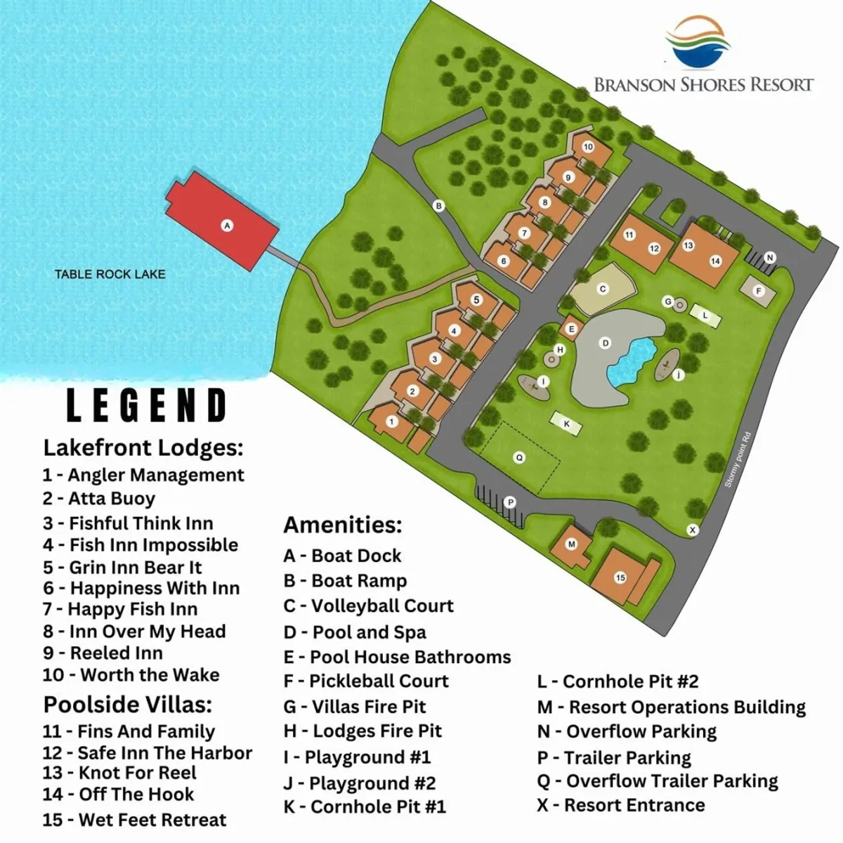 A wide exterior view of Table Rock Lake with lakefront lodges, a pool area, and a range of amenities visible. The scene is lively with families swimming in the pool, people fishing from the dock, kayaks at the water’s edge, and groups gathering for outdoor fun. The vibrant sky hints at sunset, casting a warm, inviting glow over the water and facilities.