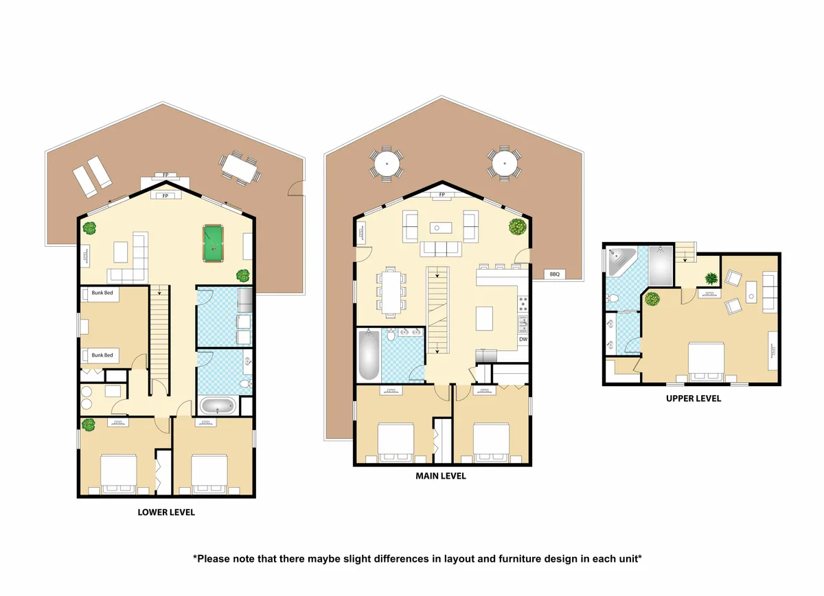 An inviting open-plan interior with a seamlessly connected living room, kitchen, and dining area. Large windows highlight the lake view, and outdoor seating is visible just beyond, reinforcing the transition between indoor and outdoor entertaining.
